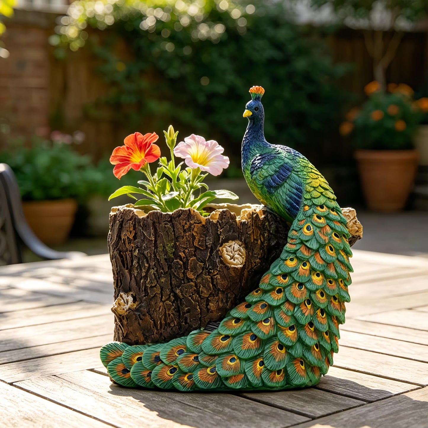 Big Stone Art Peacock Figurine Tree Stump Planter, Resin, Decorative Flower Pot for Indoor and Outdoor Use, Pen Holder Desk Organiser Nature Theme Garden Decor, Statue Sculpture (Blue)