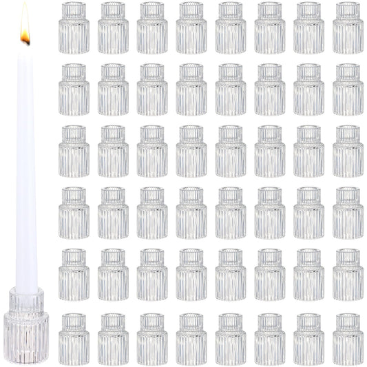 48 PCS Glass Taper Candle Holders Bulk Crystal Candlestick Holders Clear Ribbed Tapered Candle Stick Holder Decor Set for Table Centerpiece Wedding Party Advent Christmas Home Decoration (48, Clear)