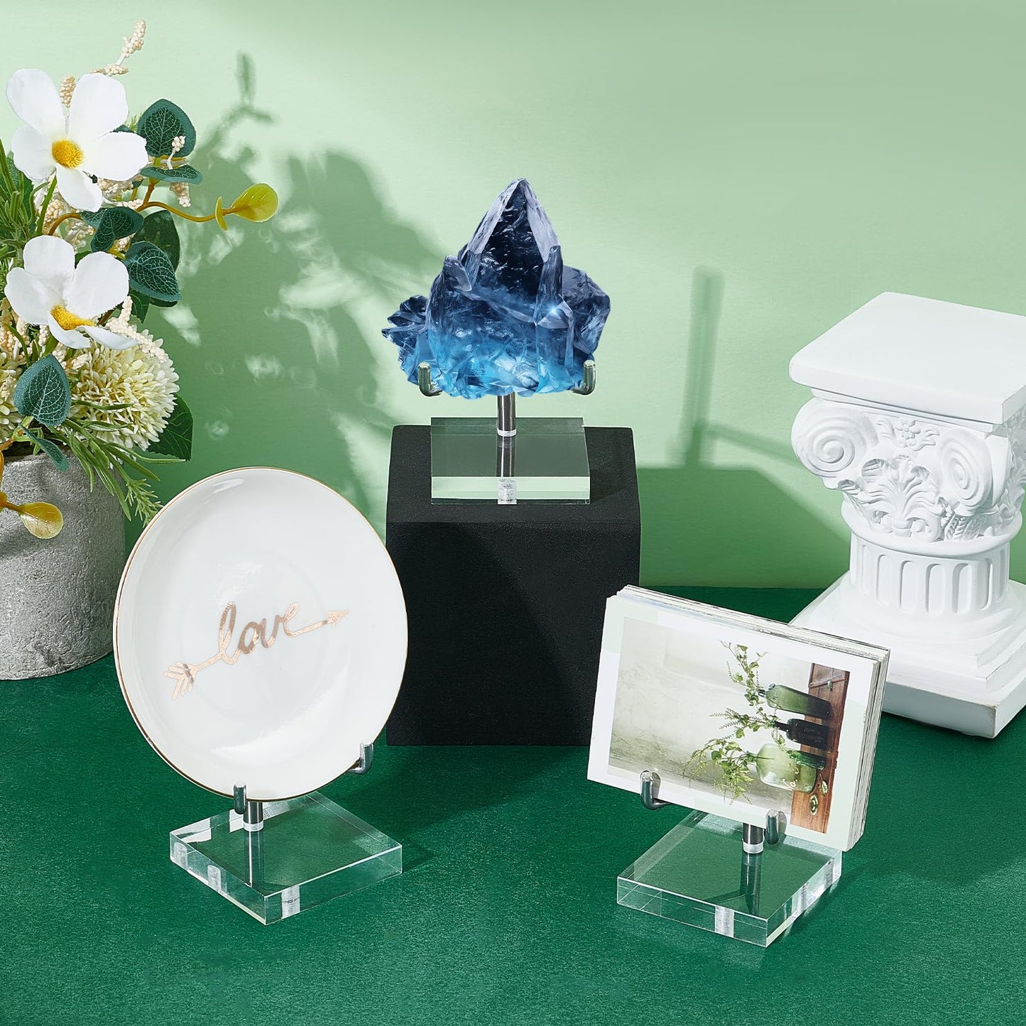 GLASSWINDS 16 Pcs Adjustable Metal Crystal Display Shelf, Rock Display Stand with Acrylic Base and Metal Arms, Crystal Holder for Mineral Gemstone Agate Fossil Coral or Other Small Collectible