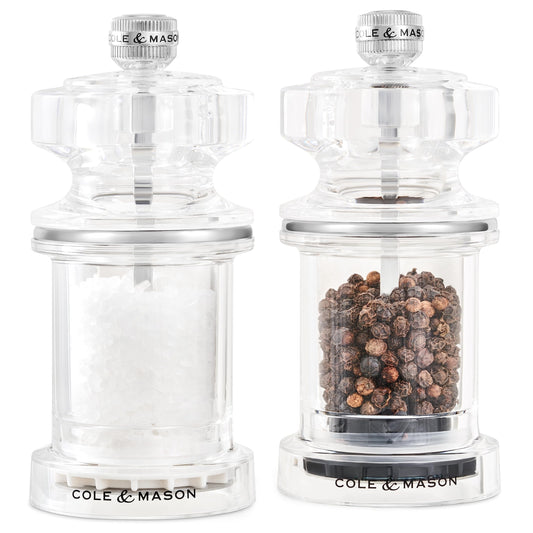Cole & Mason 675 Refillable Spice Mill - Kitchen & Home Accessory - Salt & Pepper Grinder Set - Salt & Peppercorn Included - Acrylic - Salt & Pepper Set 4.5"