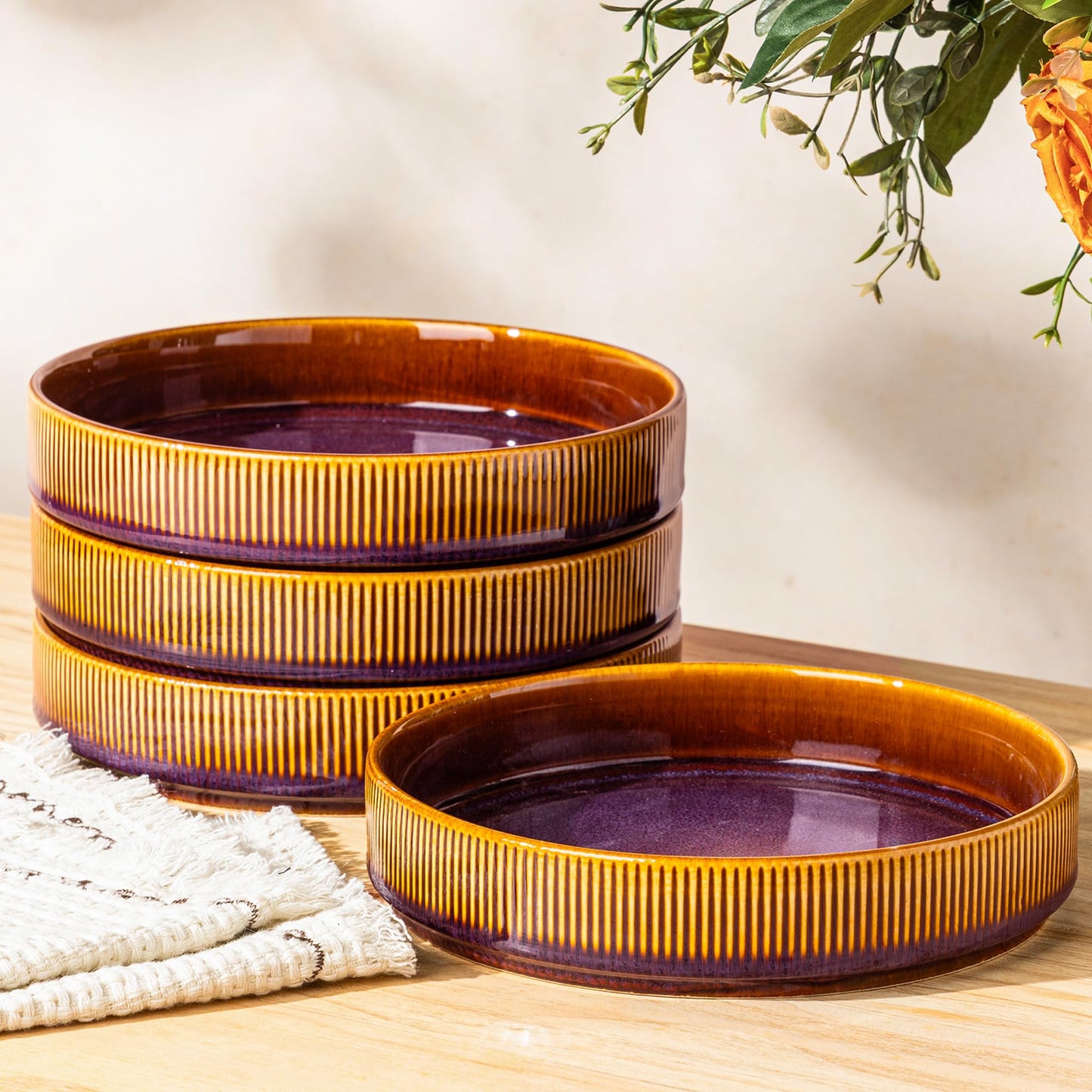 theterra 7.5'' Ceramic Pasta Bowls, Salad Bowls Set of 4, Stoneware Serving Bowls for Fruits, Noodle, Dinner, House-warming Wedding Present, Amber Amethyst