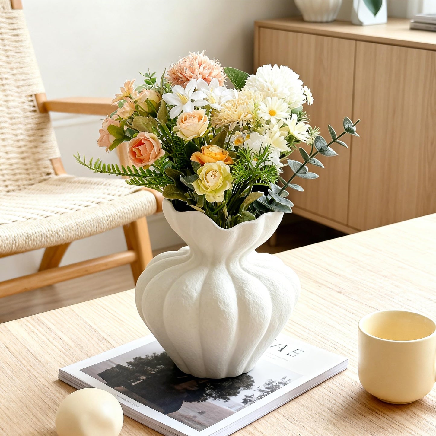 White Ceramic Vase, 8.3in Modern Boho Farmhouse Retro Art Table Centerpiece for Living Room Cabinet Dried & Fresh Flower Arrangement Decorations