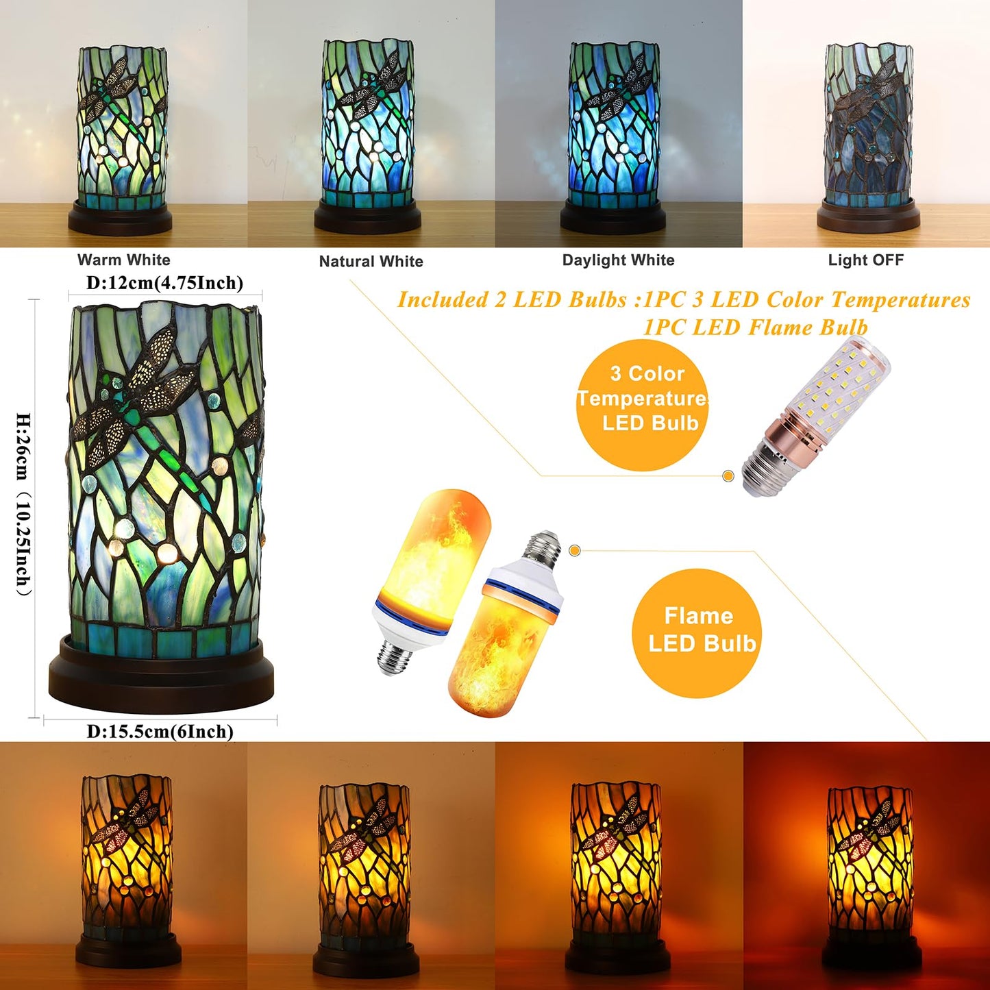 KALOUFUL Tiffany Style Table Lamp for Bedroom Baroque Stained Glass Nightstand Bedside Night Lamp Party Light Hand-Made Art Home Deco Christmas Gifts W/ 2 LED Bulbs (3 Color Temperatures+Flame Bulb)