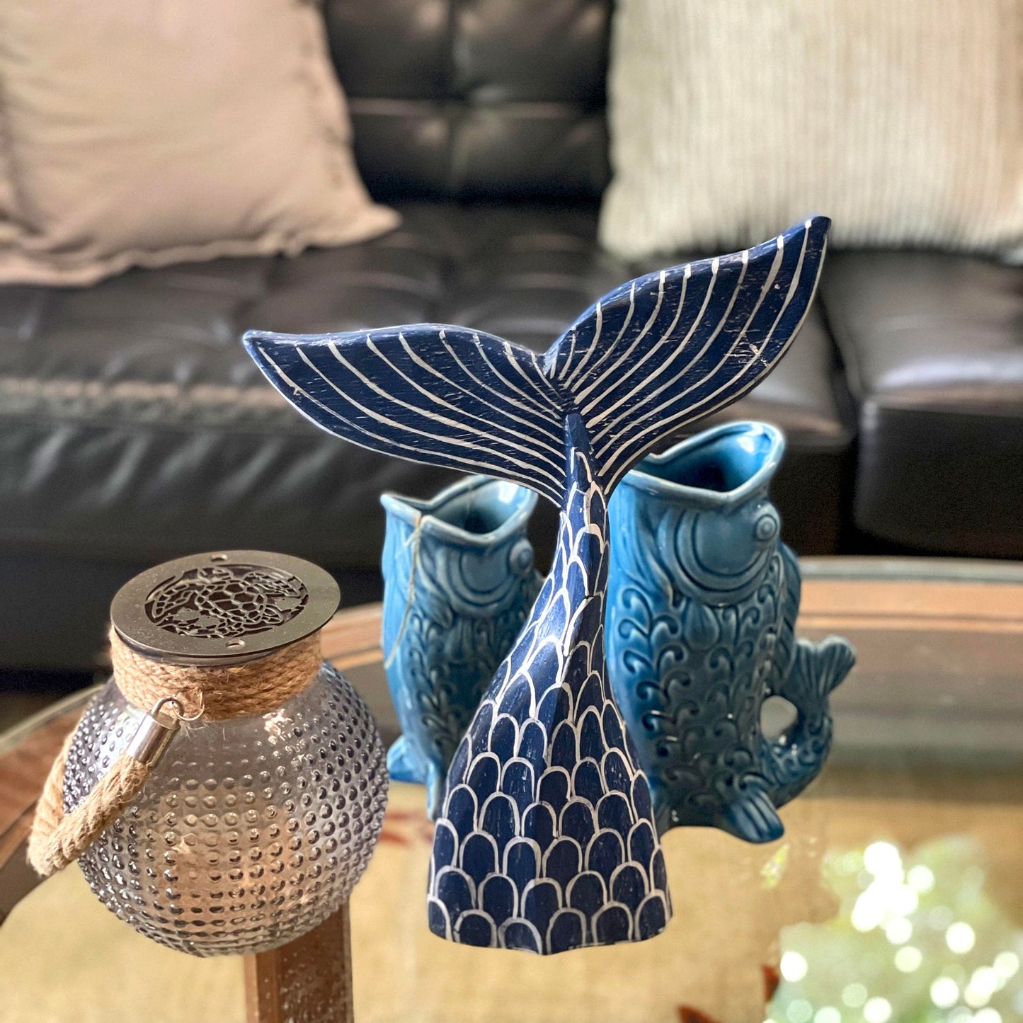 Hand-Carved Navy Blue Wood Mermaid Tail Sculpture – 13.75" Nautical Coastal Table Decor, Beach House Accent, Ocean-Inspired Artisan Art, Indoor Shelf Display Statue, Unique Gift for Ocean Lovers