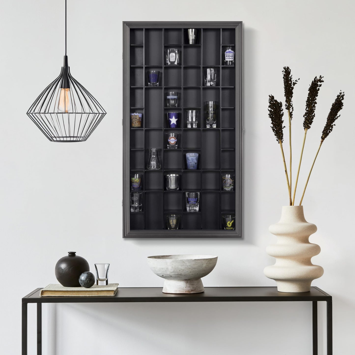 Gallery Solutions - Black Wall-Mounted - Curio & Shot Glass Display Case - 17"x32" Glass Door - Bar Accessories - Collectible - Miniature Glassware - Bar Accessories
