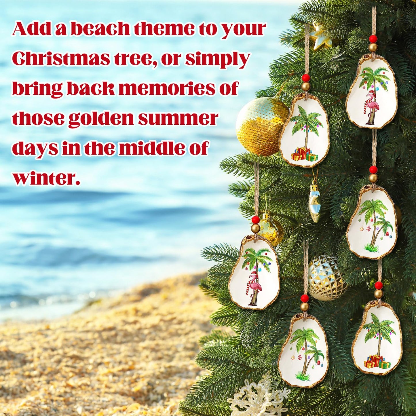 Bucherry 3 Pcs Christmas Oyster Shell Ornament Resin Decorated with Palm Tree Flamingo Seashell Christmas Nautical Coastal Tropical Beach Ornament for Xmas Tree Home Office Gift
