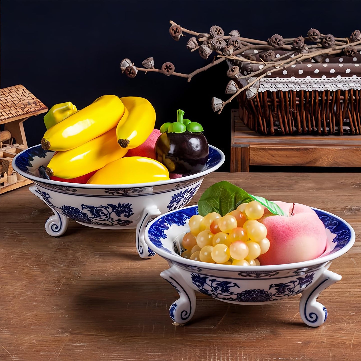 YYMayLsh Decorative Porcelain Fruit Bowl, Blue and White Chinoiserie Design, 10.2x3.9 inches