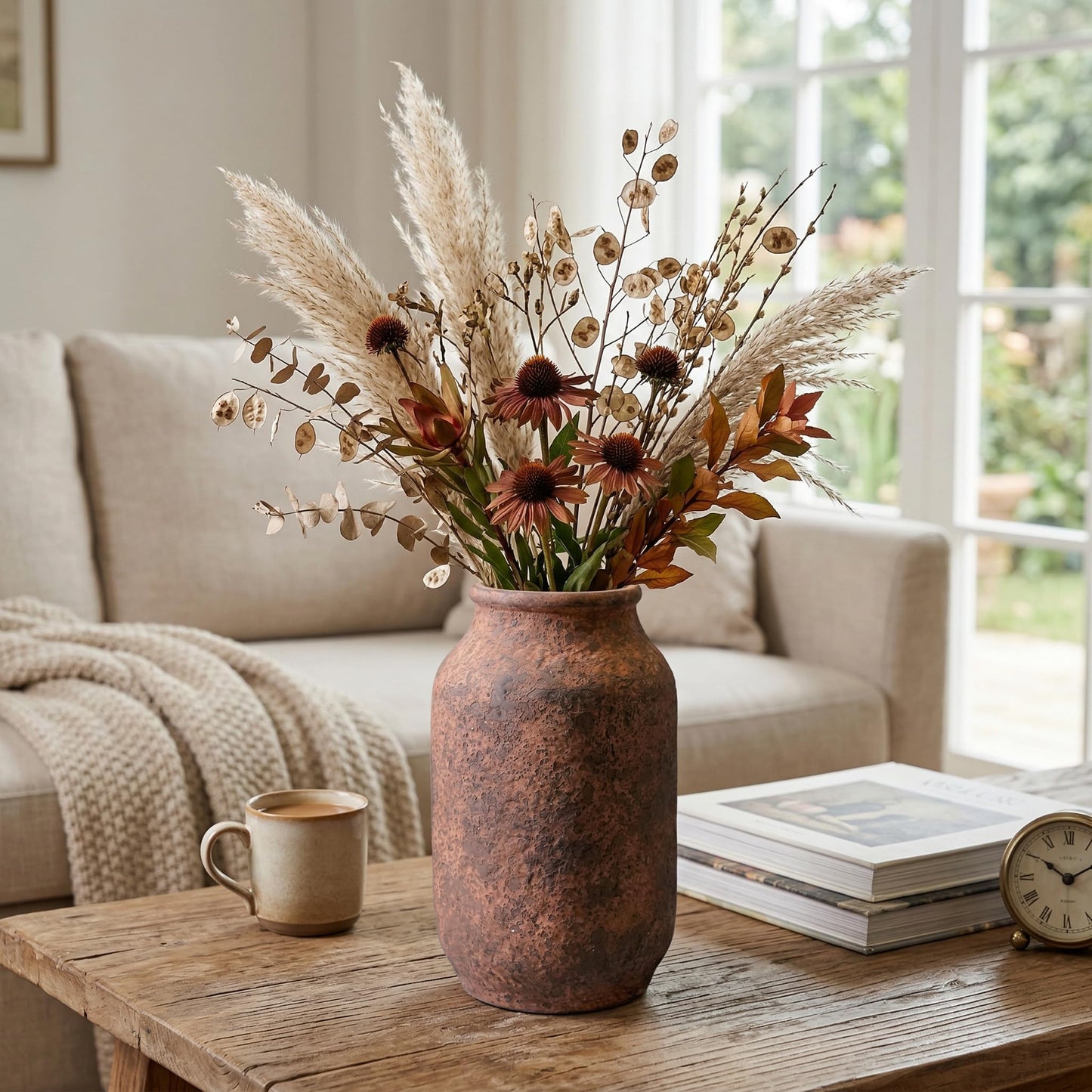Wancetang Terracotta Farmhouse Vase, 9 Inch Rustic Ceramic Flower Vases for Home Decor, Pottery Decorative Vase for Living Room Shelf Mantle Entryway Fireplace Bathroom Centerpiece Brown