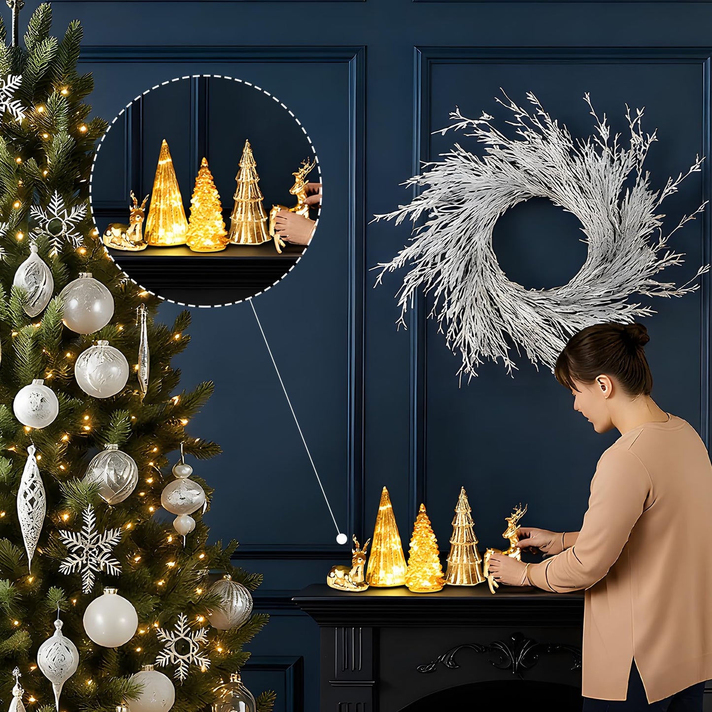 Flutesan 5 Pcs Lighted Mercury Glass Christmas Trees and Reindeer for Tabletop LED Christmas Tree Table Centerpiece Decoration for Home Xmas Party Mantel