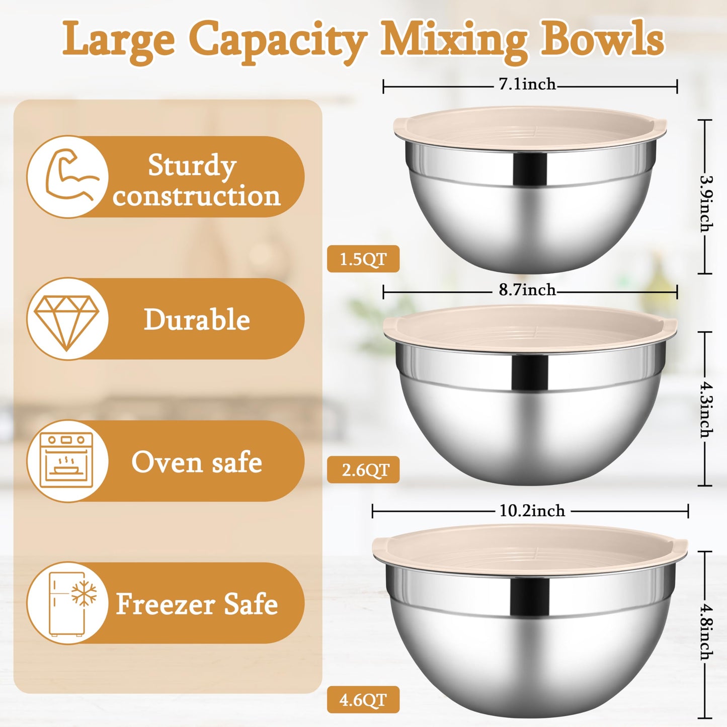 LIANYU Mixing Bowls with Airtight Lids Sets, 3 Packs Stainless Steel Metal Mixing Bowls, Ideal for Prepping, Cooking, Storage, Serving, Freezer & Dishwasher Safe, Khaki