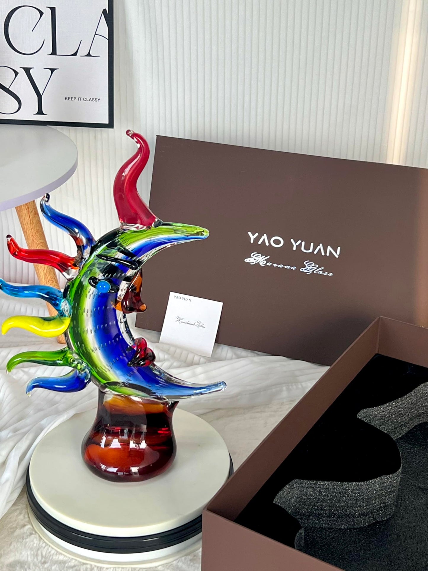 Yao Yuan Murano-Style Hand Blown Art Glass Face Sculpture - 16.93" Tall Mouth-Blown Crafts Home Office Bedroom Living Room Study Room Studio Decorations
