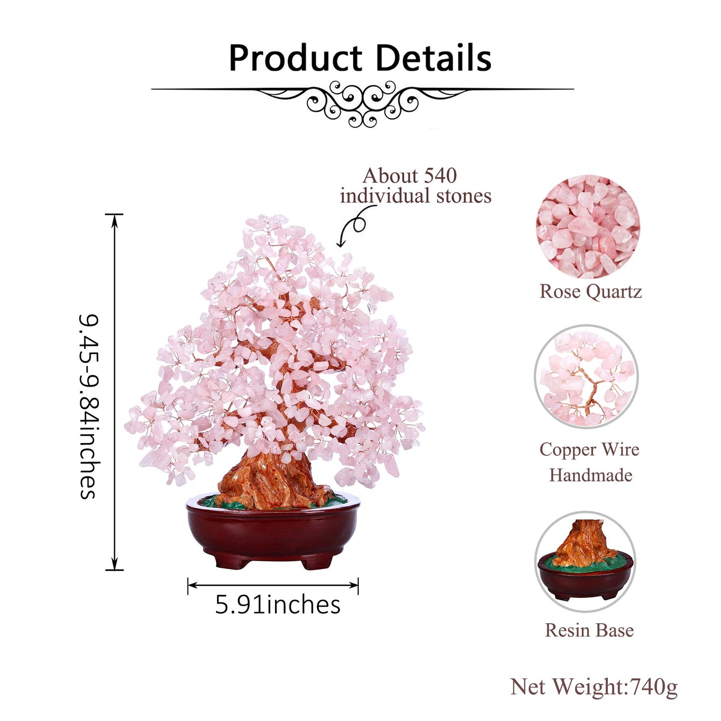 Jovivi Feng Shui Natural Rose Quartz Crystal Money Tree Resin Base Healing Stones Bonsai Style Tree Large Decoration for Wealth and Luck 9.5 Inches