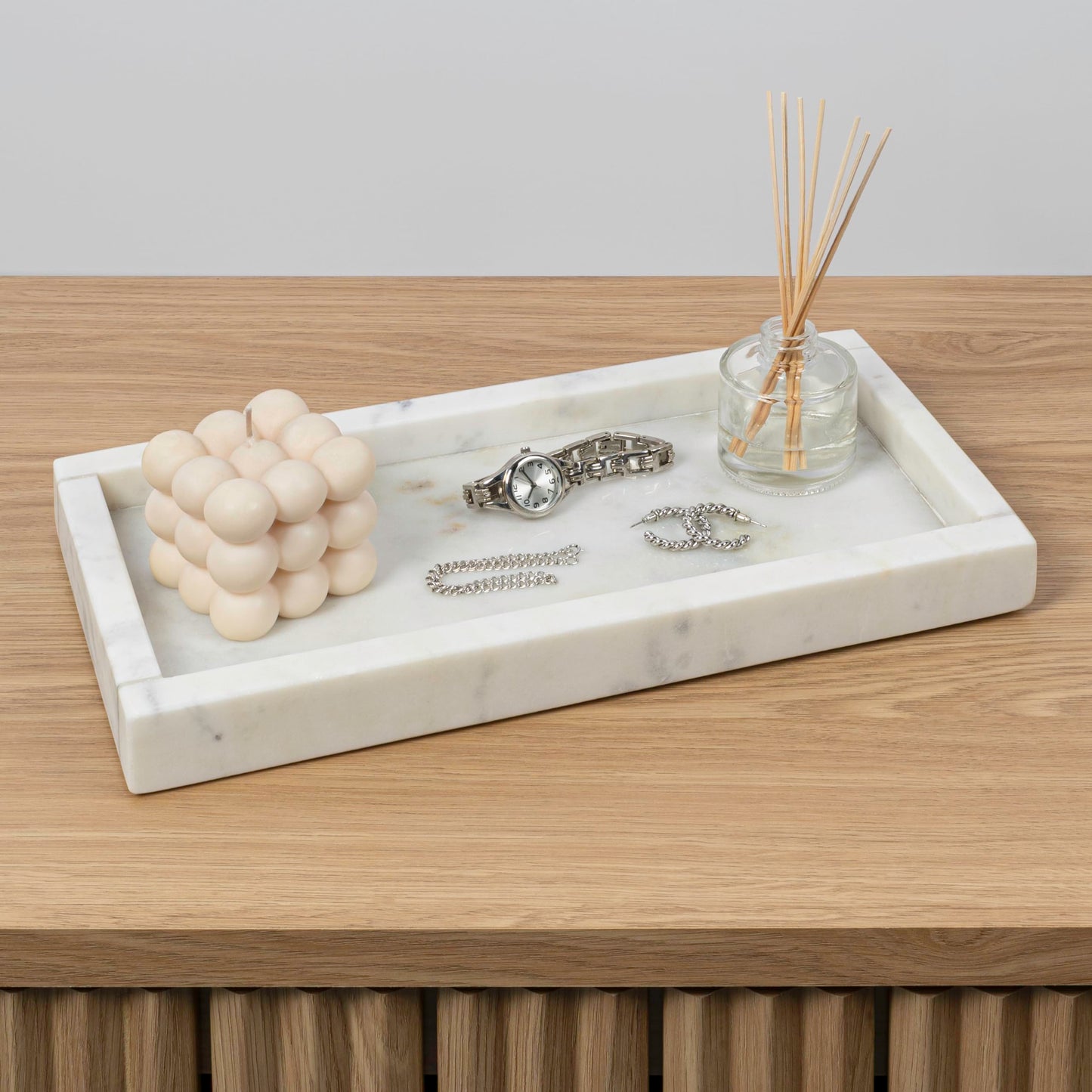 happimess TRY4001B Luxe Stone 12" x 6" Classic Minimalist Rectangular Marble Bathroom Countertop Tray for Storage,Decoration, Display, Coffee Table or Serving Food, White