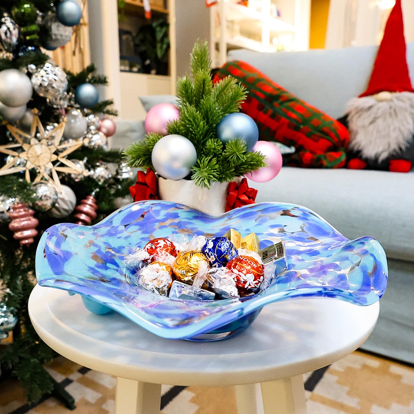 ORRFIDDY Hand Blown Murano-style Art Glass Bowl, 10.2-Inch Large Decorative Centerpiece for Table, Cobalt Blue Fruit Display & Kitchen Counter Decor