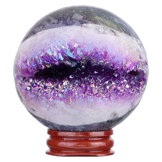 SUNYIK 61-70mm Purple Titanium Coated Quartz Geode Ball Sphere with Stand Crystal Opening Cornucopia Orb Ball Cluster Specimen Display for Decor Feng Shui Meditation