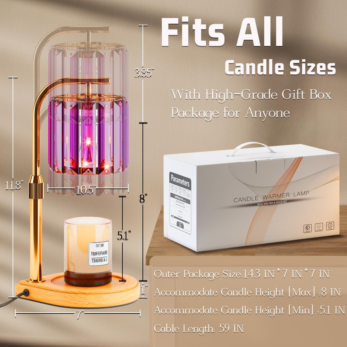 IN HAPPY Purple Candle Warmer Lamp with Timer & Dimmer, Gifts for Women, Housewarming Gifts for New Home, Adjustable Height Candle Warmer Lamp with 2 Bulbs for Jar Candles, Bedroom Home Decor