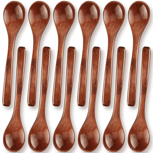 Patelai 12 Pcs 5 Inch Small Wooden Spoons for Honey Mini Little Wood Tea Spoons for Tasting Eating Serving for Cooking, Desserts, Coffee, Jars(Brown)