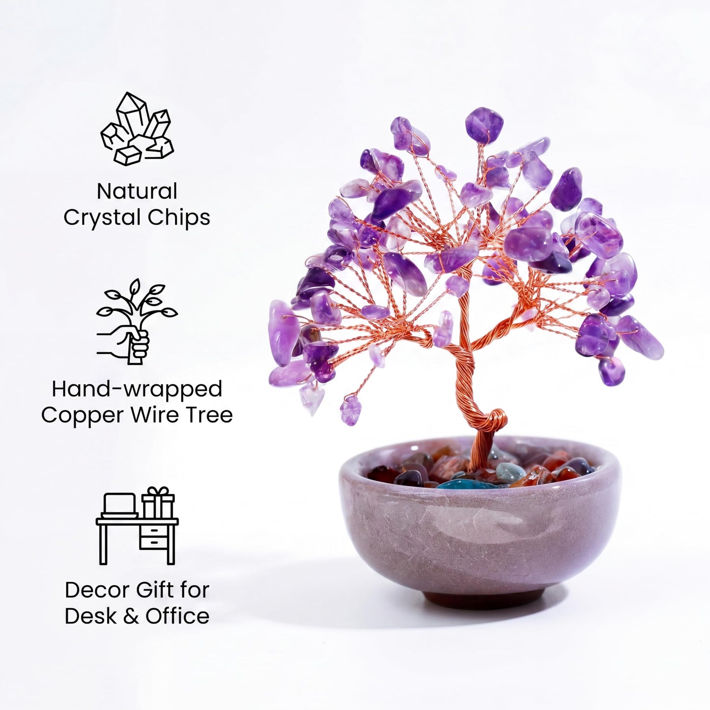 Handmade Crystal Money Tree Feng Shui Bonsai, Gemstone Tree of Life Healing Crystals Wealth Prosperity Decor for Home Office, Perfect Spiritual Gift (Purple)