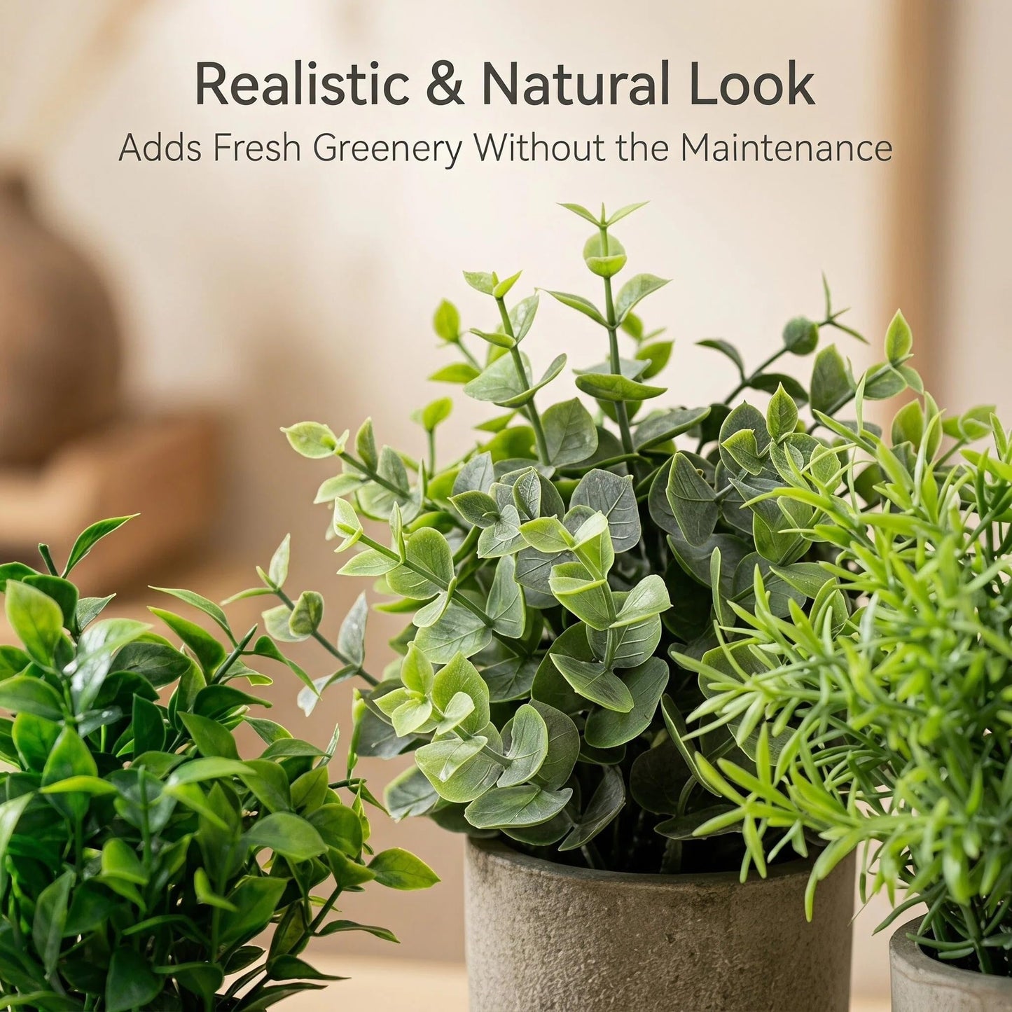AUUGUU Artificial Potted Plants Faux Greenery in Cement Pots for Shelf, Bookshelf, Office or Home Decor, Small Decorative Fake Plants for Modern Indoor Display