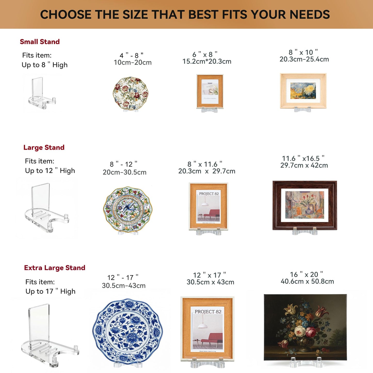 milldou Acrylic Easel Display，Plate Stand for Display，Adjustable Clear Display Holder for 8" to 12" Platter, Book, Card, Frame, Picture, Artwork, Plaque ( Large-1pc 8"-12")