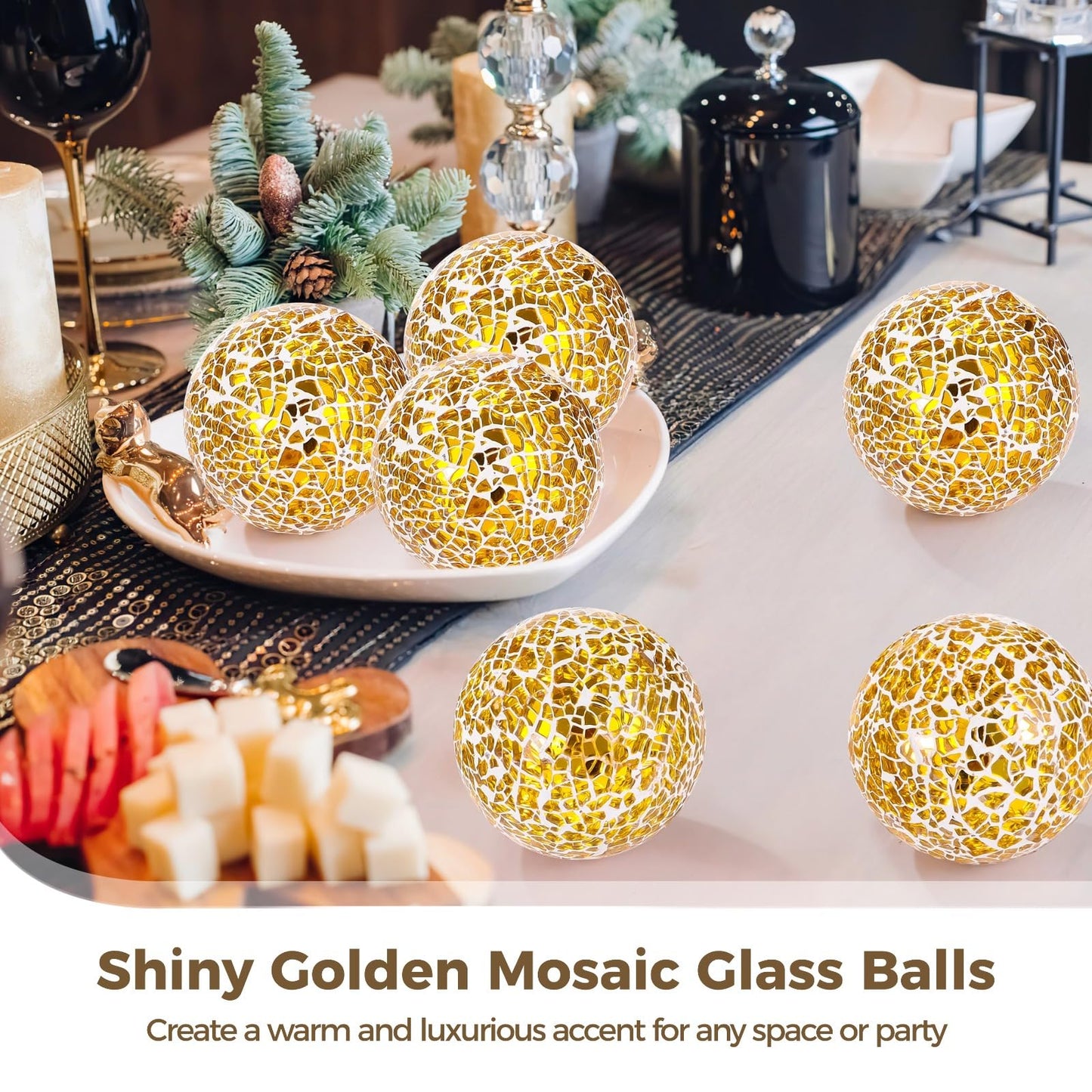 Calolin 6 PCS Golden Mosaic Glass Balls, 3.1 in Decorative Orbs Sphere Balls for Bowls, Vases, Table Centerpieces, Shiny Mosaic Decorative Balls for Living Room, Dining Table, Party Home Decor
