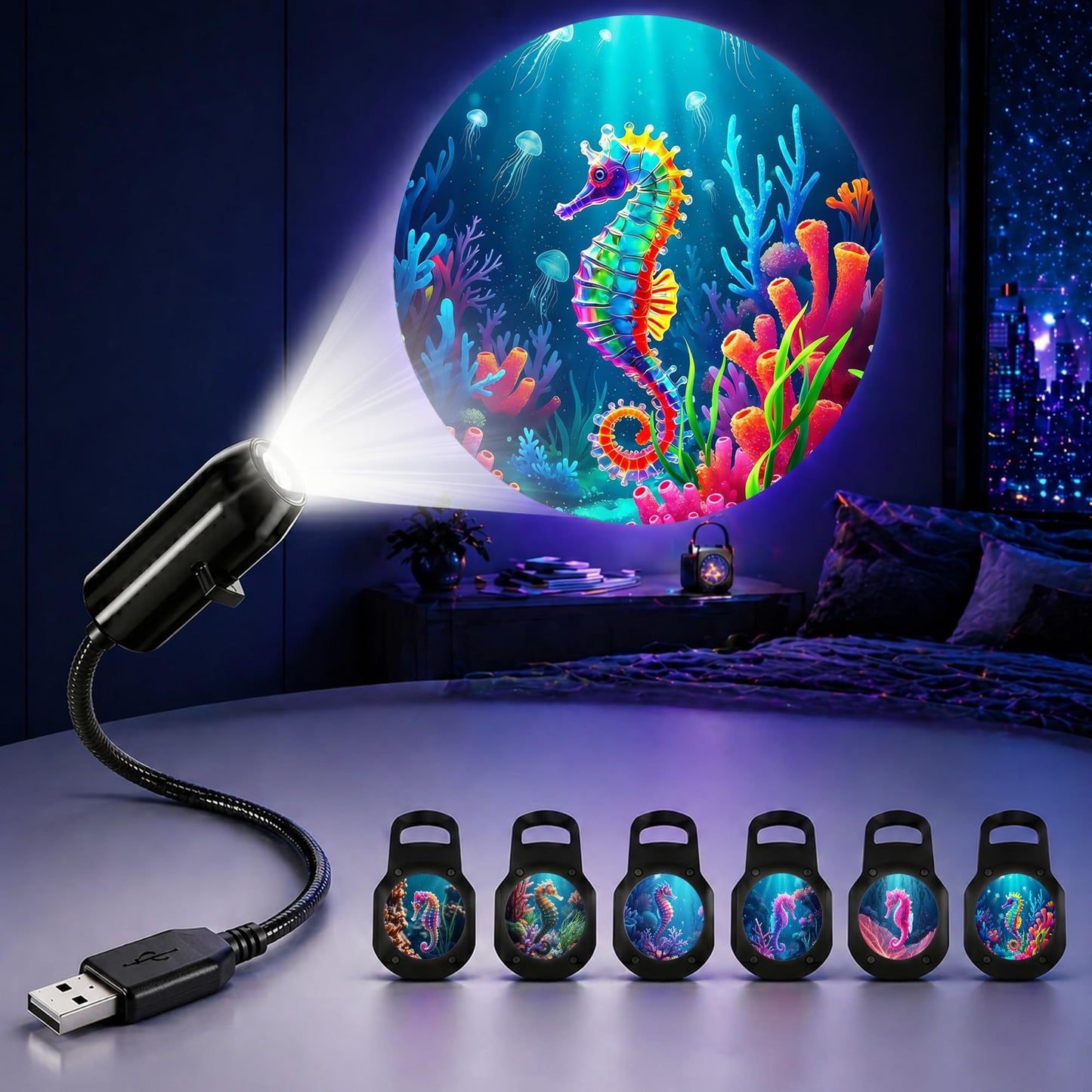 TnLnYn Seahorse Projector Night Light 2-in-1 USB Mini LED Projection