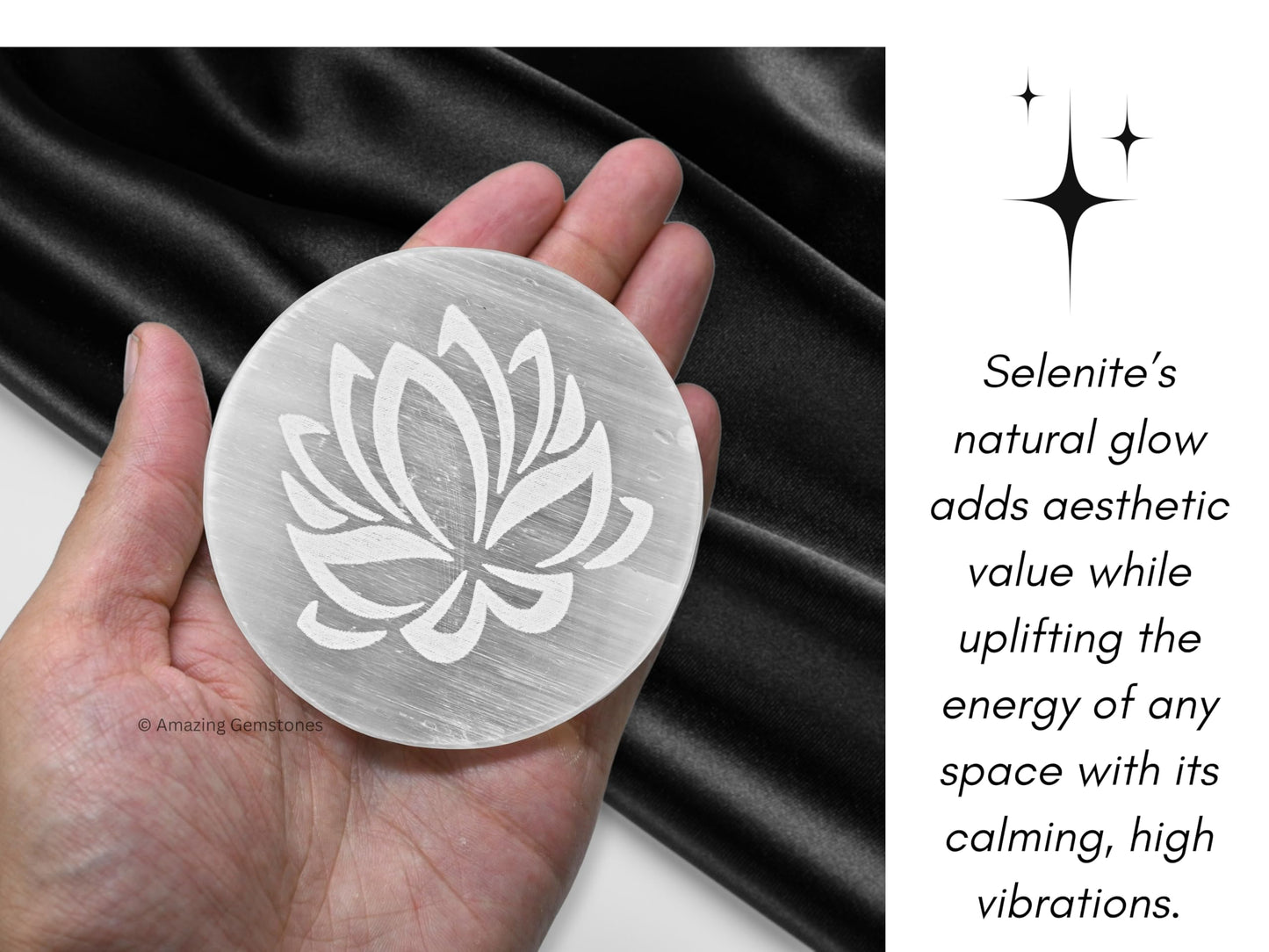 Amazing Gemstone Selenite Crystal Charging Plate For Crystals And Healing Stones, 3" Selenite Crystal Plate Engraved Lotus Flower of Life Coaster For Home, Office Table Decor (Selenite Round Disc)