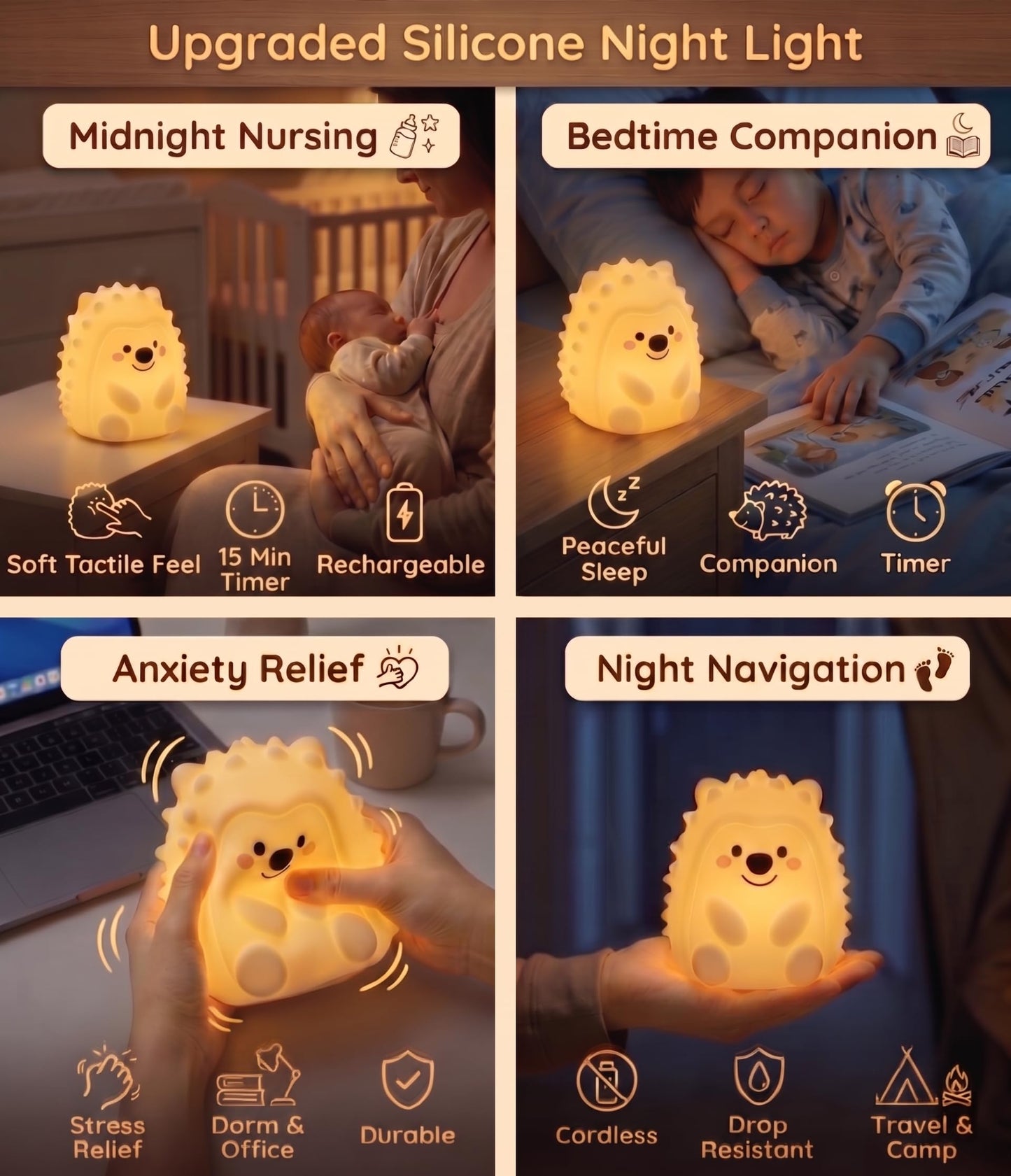 Hklynvia22 Hedgehog Night Light for Kids, 15/30/60 Min Timer Squishy Silicone Lamp, Touch/Remote 8-Color BPA-Free Rechargeable Night Light for Baby Nursery, Breastfeeding Bedside Sleep Buddy Gift