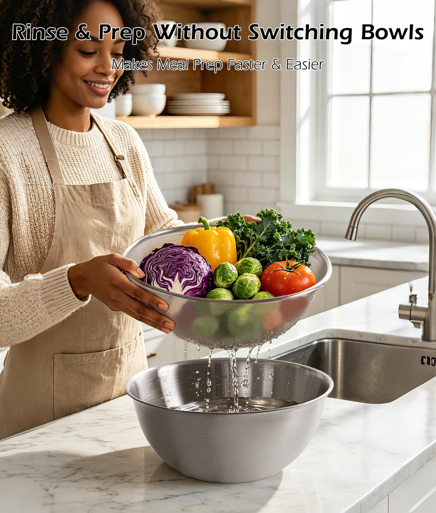 Stainless Steel Mixing Bowls Set of 4 with Colander, Nesting Metal Kitchen Bowls with Measurement Marks for Mixing, Prep, Salad & Baking, Dishwasher Safe