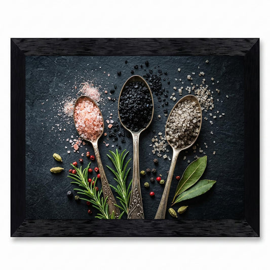 Framed Culinary Spices and Sea Salts Canvas Wall Art - Moody Kitchen Decor with Vintage Spoons on Dark Slate - Elegant Black Frame Print for Dining or Home 16x20