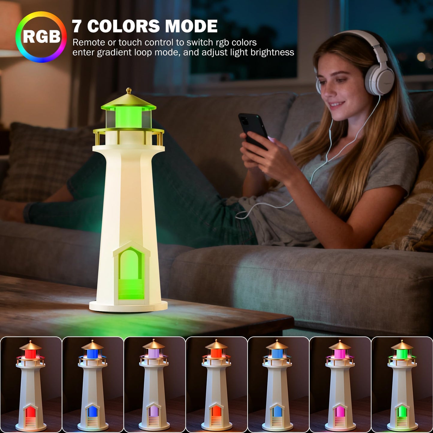 Moon Lamp Mood Lighting, RGB 7 Color Changing Lighthouse Lamp, Rechargeable LED Night Light for Kids, Dimmable Bedside Table lamp for Bedroom Living Room, Christmas Birthday Gifts for Kids Adult
