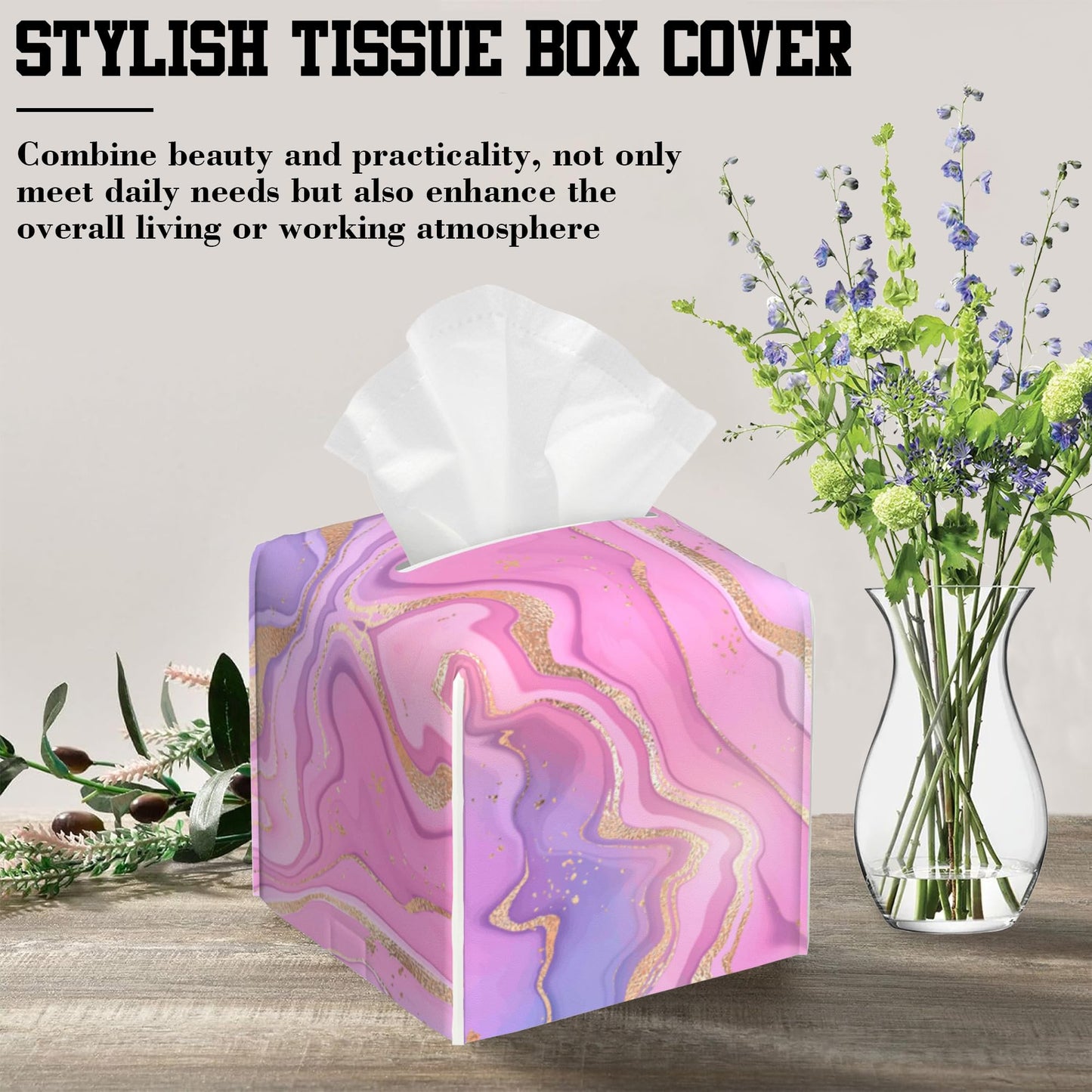 OHEGBXE Tissue Box Holder Purple and Pink Liquid Marble Square Leather Tissue Box Cover Modern Cube Facial Paper Cover Case for Bathroom Vanity Countertop Night Stands Tabletop