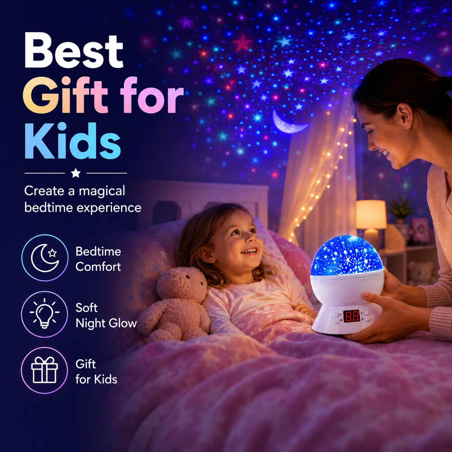 MOKOQI Star Projector Night Light for Kids, Rotating Stars Night Light Projector for Kids Bedroom, Star Projector with Timer, Light Up Stars for Ceiling, Star Machine Gift for Boys Girls Toddlers