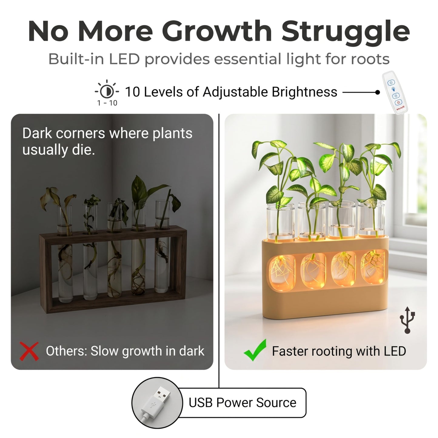 Hokkieam Plant Propagation Station with LED Light, 10-Level Dimmable Desk Plant Stand for Hydroponic Plants, 4 Glass Test Tubes Propagated Plant Holders for Indoor Home Decor Gardening Gifts