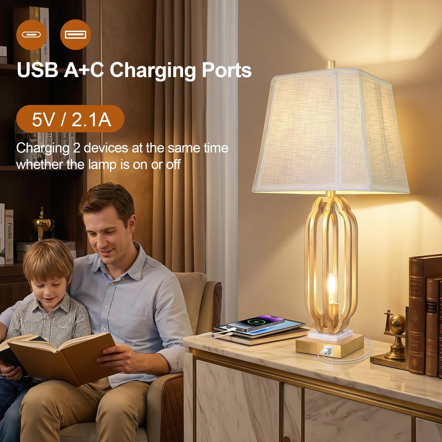 28" Iron Art Table Lamp Set of 2 for Living Room, Modern Gold Leaf Desk Lamps with Nightlight and 2 USB Charging Ports, Farmhouse Bedside Lamp for Bedroom Nightstand, 3 Way Dimmable Bulb Included