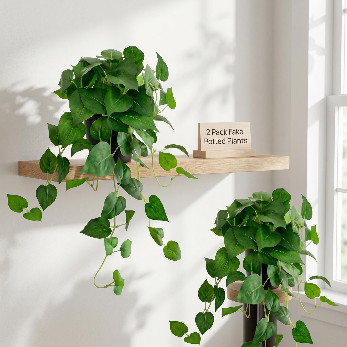 Artificial Pothos Hanging Plant, 25" Set of 2 Faux Ivy Vines with Pots