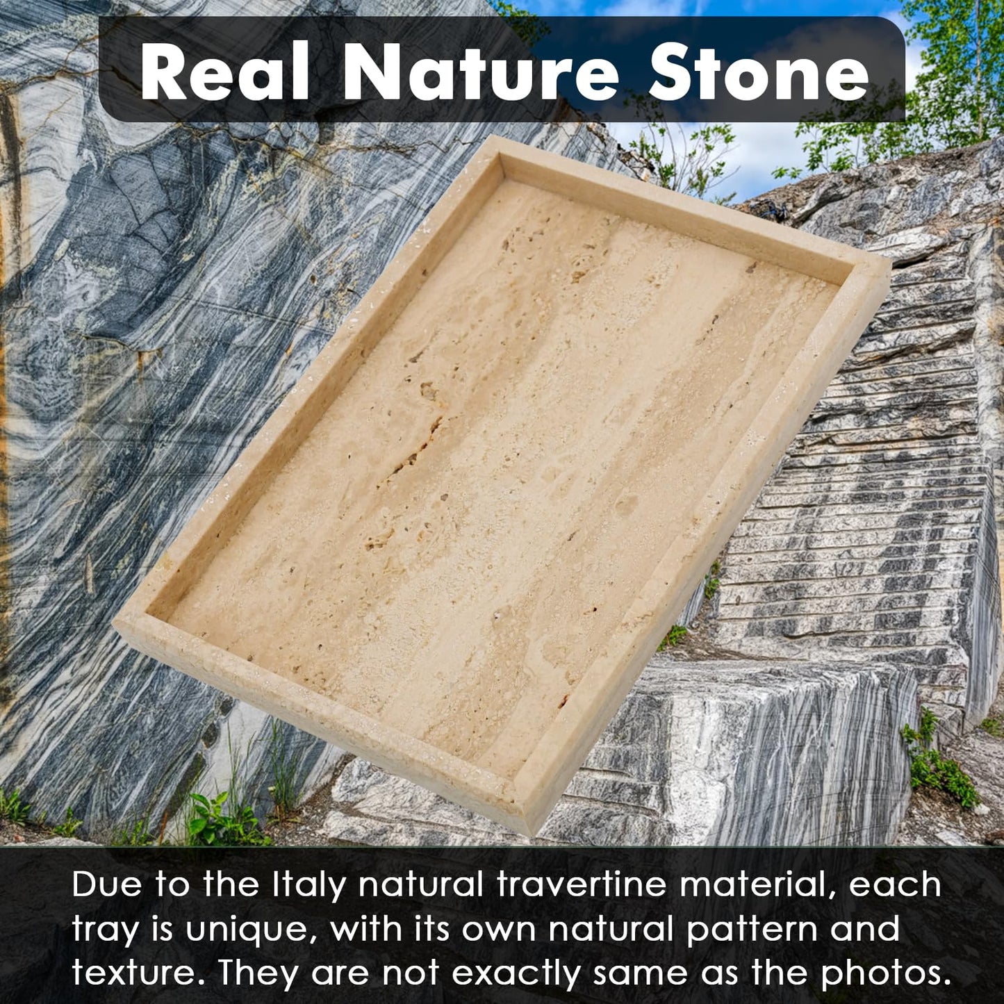 Zilukar Real Natural Travertine Tray for Bathroom, Vanity, Kitchen and Desktop, Rectangle Genuine Travertine Stone Tray for Jewelry, Cosmetics, Candles, Lotion, Perfume and Home Decor