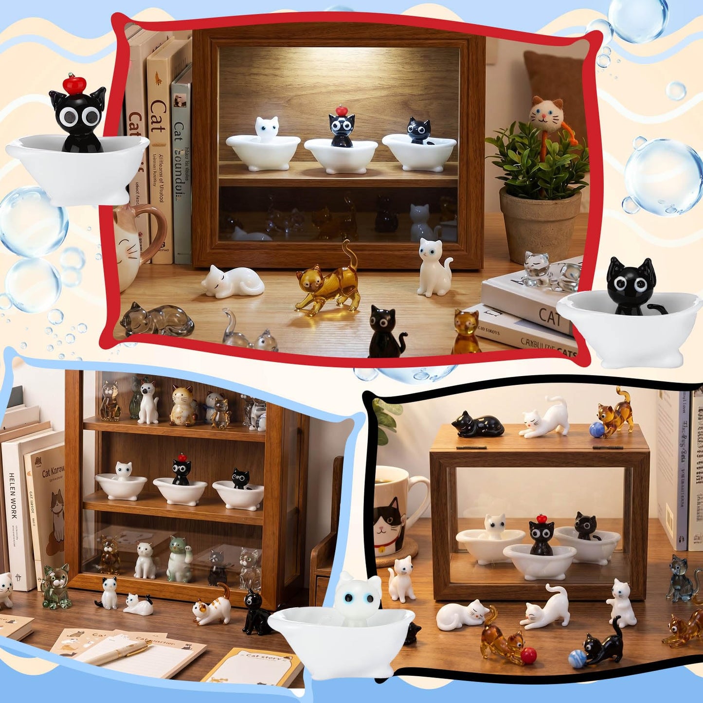 Novabright 3 Pcs Miniature Glass Cat-in-Bathtub Figurines Cute Mini Decorative Ornament for Dollhouse Unique Gift for Cat Lovers Lampwork Collection