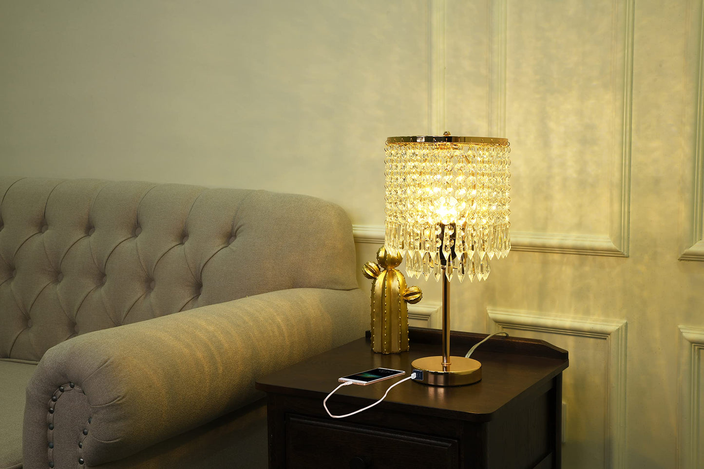 Popity home Crystal Table Lamps Set of 2, Gold Lamps for nightstand with 2 USB Charging Ports, 3-Way Touch Dimmable Crystal Desk Lamp, Gold Bedside Lamp with Elegant Shade for Bedroom, Living Room