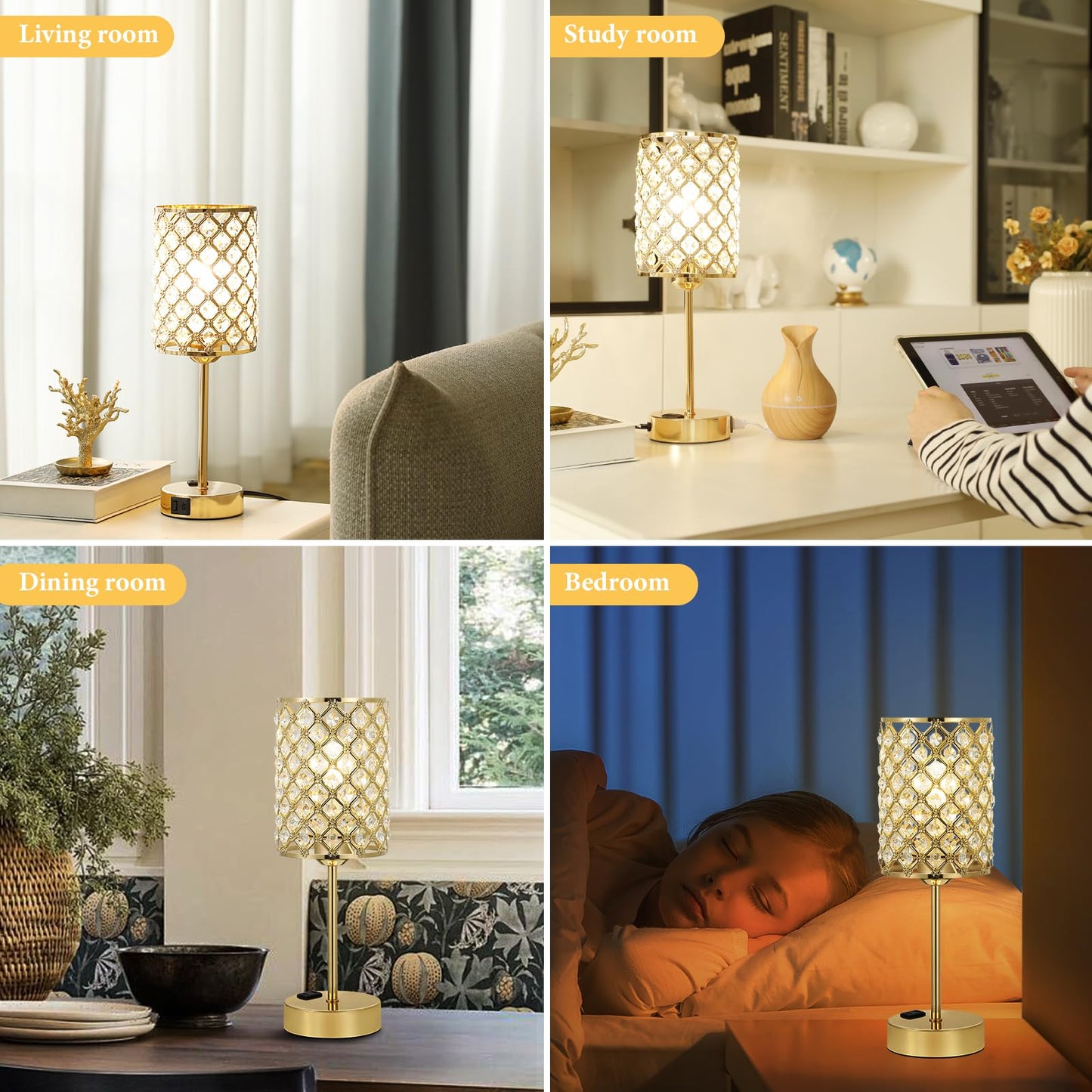 Hong-in Gold Lamps for Night Stands-Crystal Table Lamp with USB-C+A & AC Charging Ports, 3-Way Dimmable Nightstand Touch Lamp, Bedside Desk lamp for Bedroom Living Room Home Office