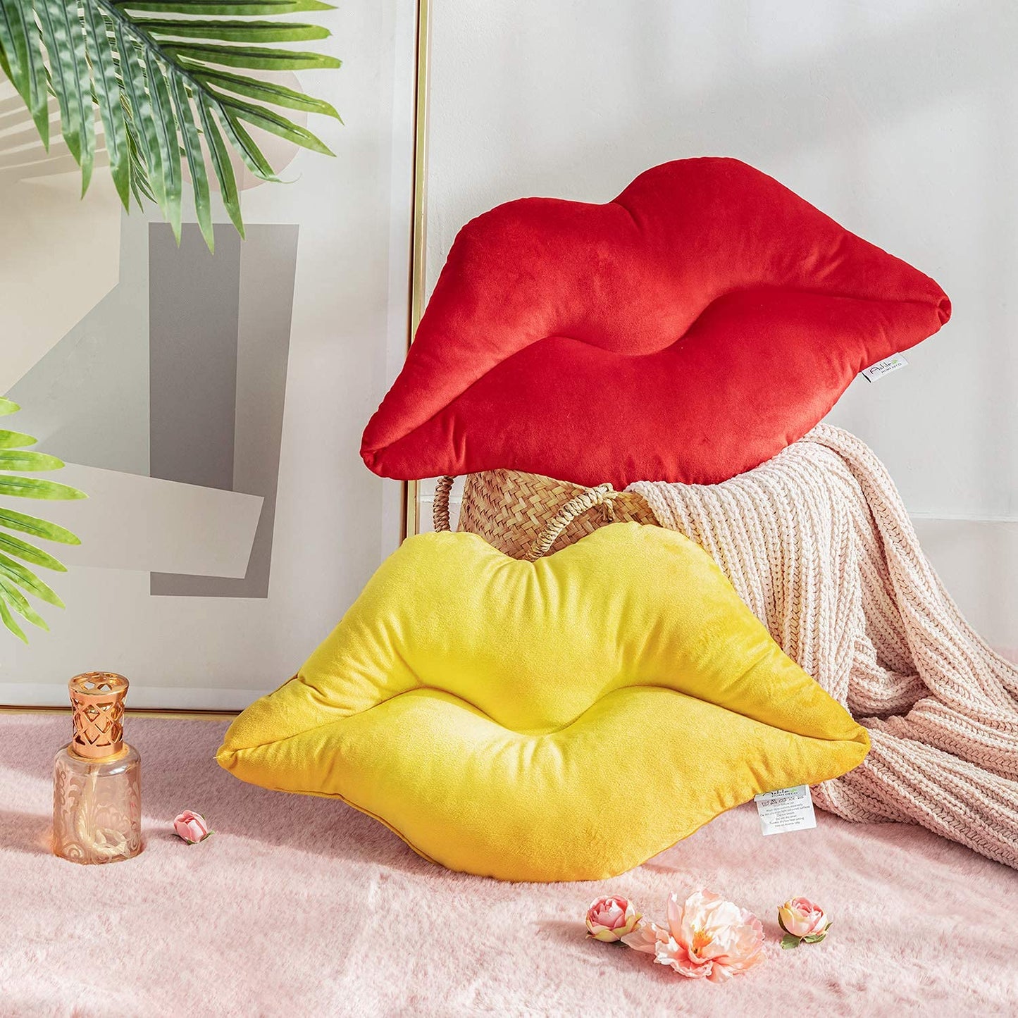 Ashler Lips Throw Pillows Smooth Soft Velvet Insert Included, Lip Shaped Pillow for Bed Living Room, New Red, 24 X 12 inches
