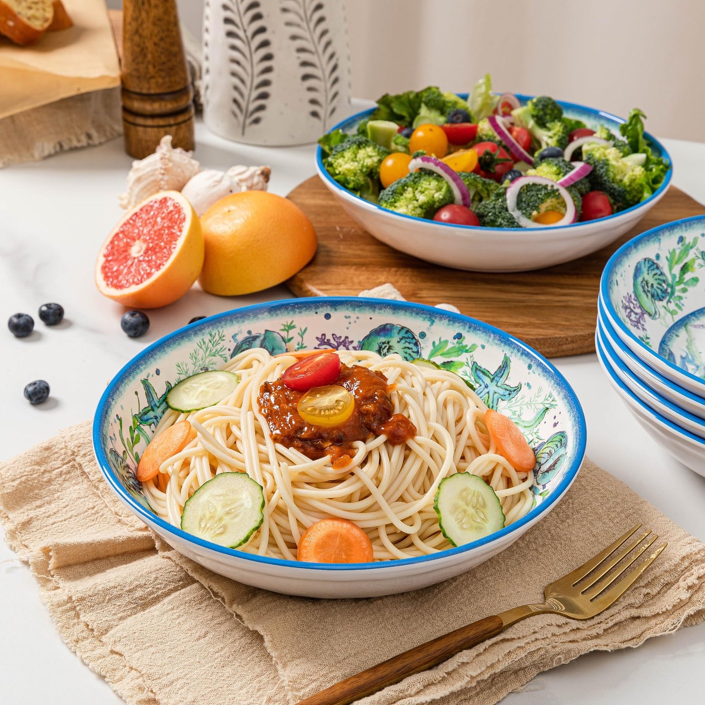 LEHAHA Melamine Pasta Bowls, Set of 6 9.25 inches 42 OZ Large Salad Serving Bowls, Coastal Melamine Dinner Deep Plates, Lightweight Soup/Cereal/Noodle Bowls set, Dishwasher Safe,Oceanic Design…