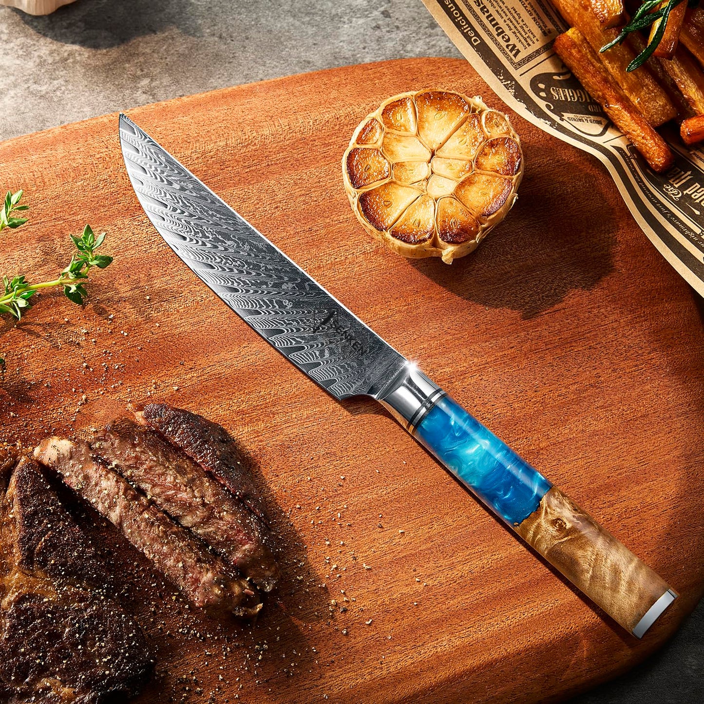 SENKEN Damascus Steak Knife Set - Tsunami Collection - 67-Layer Japanese VG10 Steel - Razor Sharp Non-Serrated Blades, Blue Resin & Natural Wood Pattern Handles, Luxury Gift Box (8 Steak Knife Set)