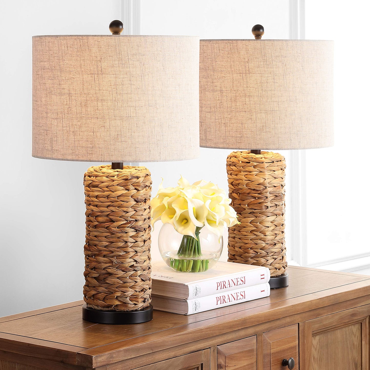 JONATHAN Y 25" Natural Coastal Water Hyacinth Table Lamp Set of 2, Bedside Lamp with Light Grey Linen Shade, Boho Farmhouse Decor for Living Room Nightstand, LED Bulbs JYL6502A-SET2