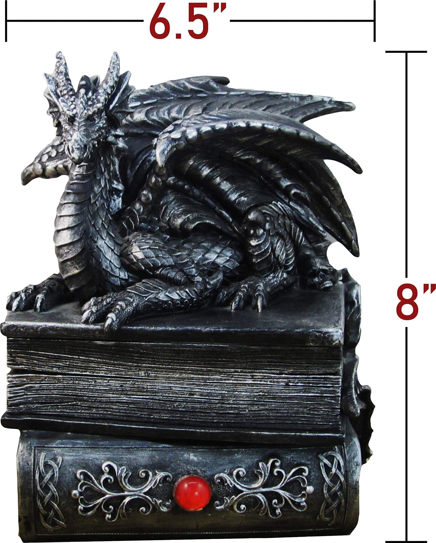 Guardian of Bibliophiles Stone Finish Dragon on Books Resin Trinket Box with Hidden Compartment - Gothic Medieval Dresser Decorative Accent - 8 Inches High