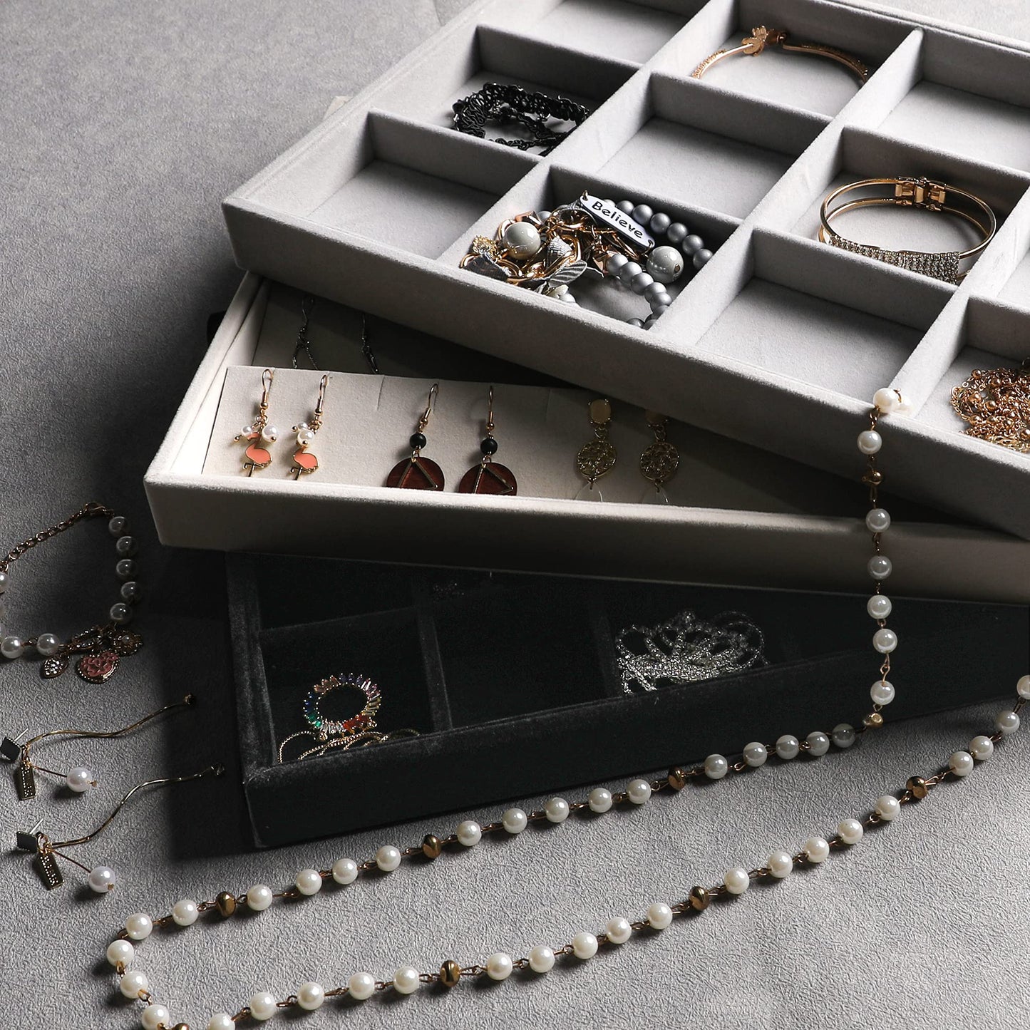 Frebeauty Stackable Velvet Jewelry Organizer Trays for Drawers Inserts Jewelry Storage Tray Display Case Earrings Bracelets Necklace Rings Accessories Trays for Women Girls(Set of 4)（Beige