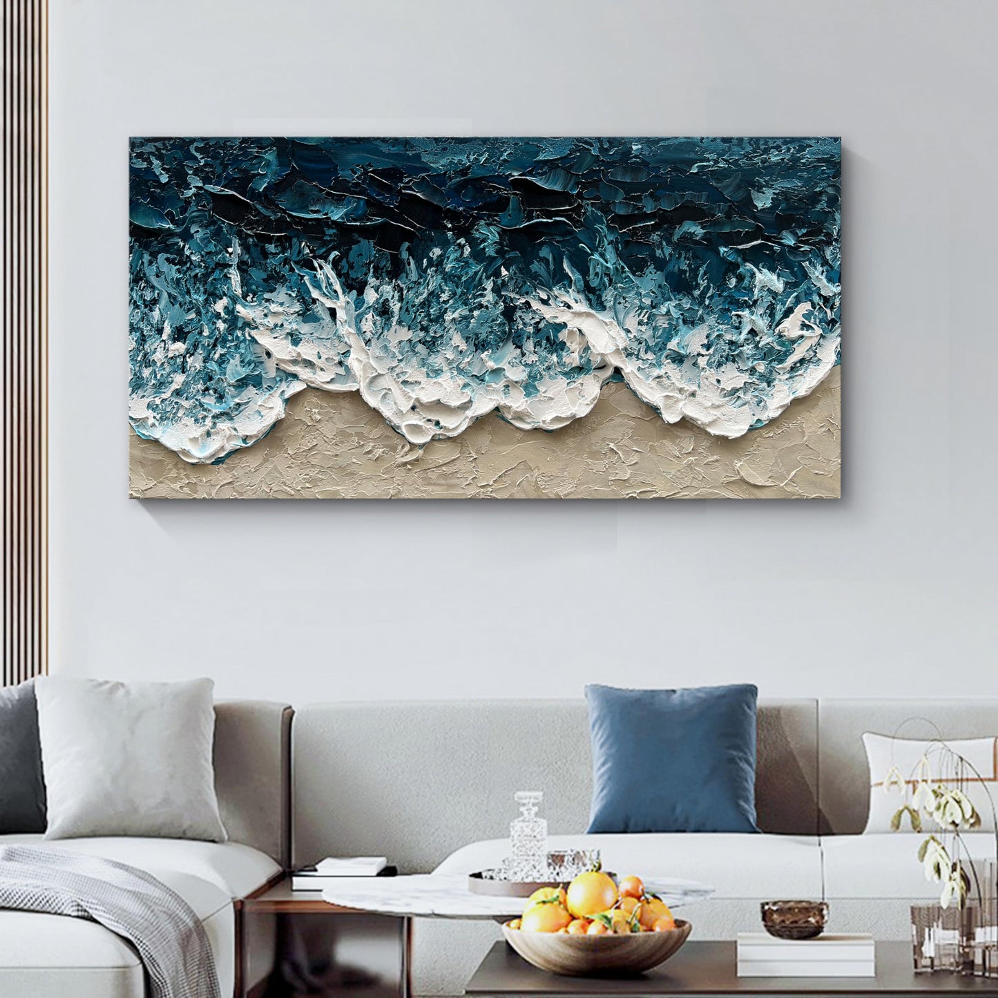 Diathou Art Hand-Painted Blue Ocean Beach Landscape Oil Painting Large Abstract Canvas Art Home wall Decoration 24x48 inches