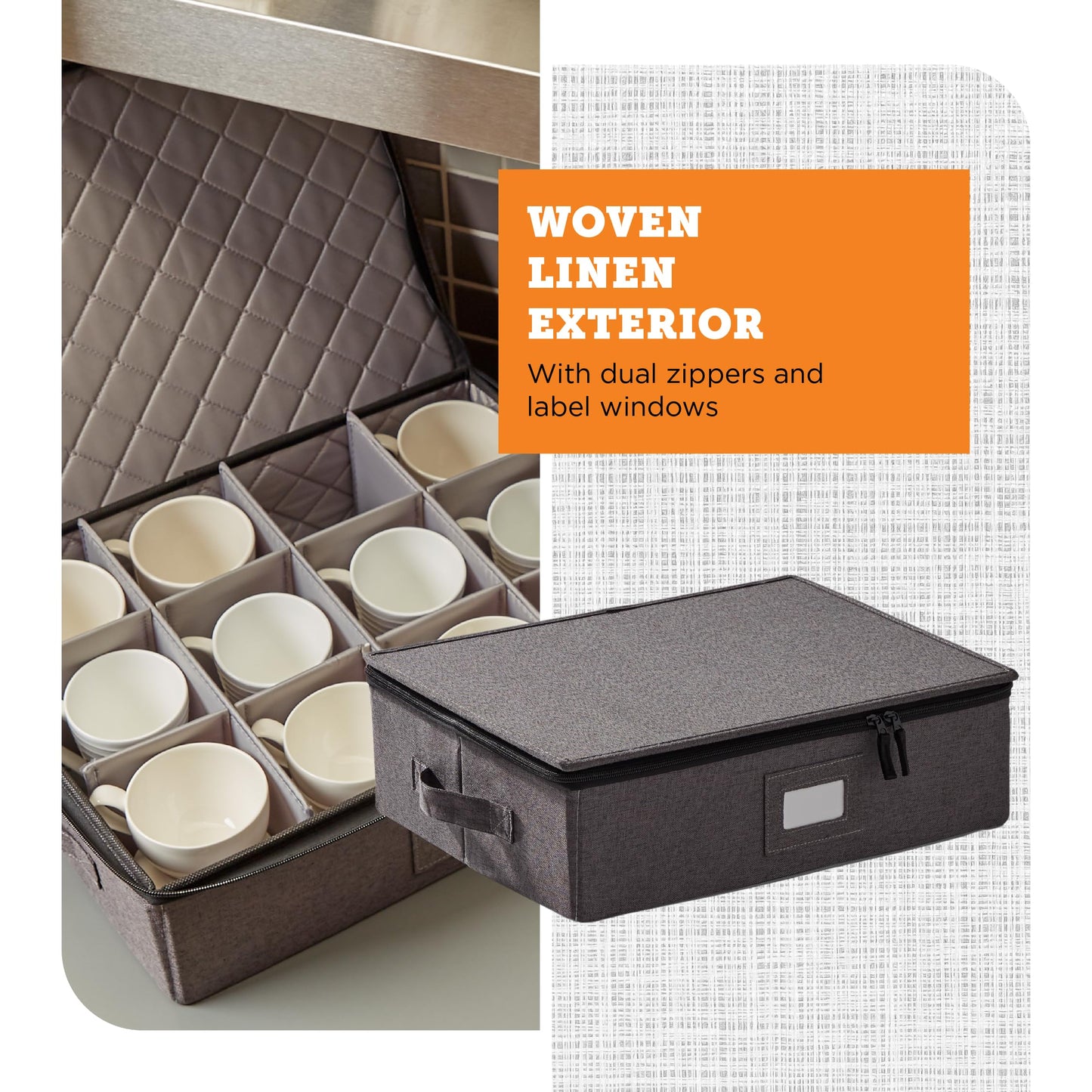 storageLAB Cup and Mug Storage Containers, Hard Shell Storage Case with Felt Dividers for Cups, Mugs, Dishes, and Glasses, Ideal for Kitchen Organizing and Moving Supplies - 1 Pack, Gray