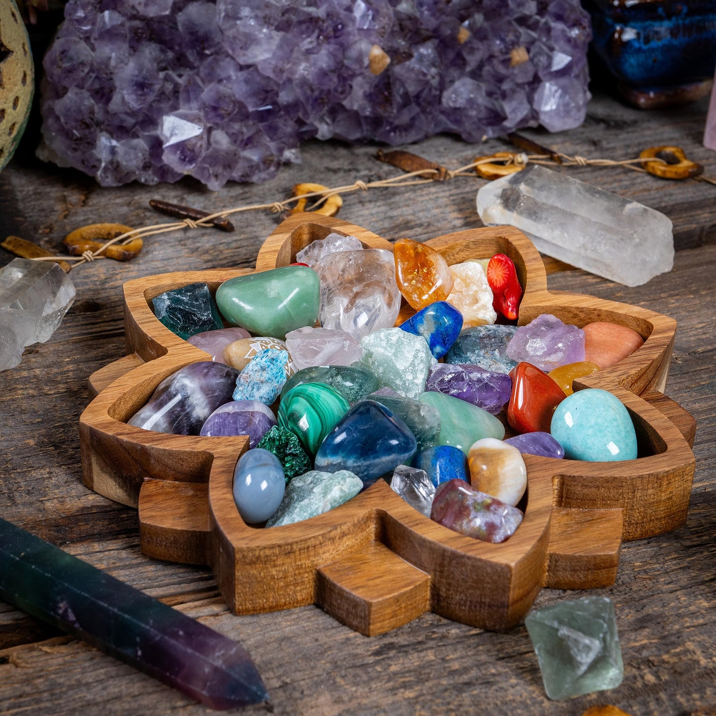 Curawood Lotus Crystal Display Tray - Showcase Your Gems, Healing Stones & Treasures - 8"x8" Wooden Rock Bowl, Crystal Holder for Stones Display Shelf, Gemstone Rock Holder Charging Bowl (Blossom)