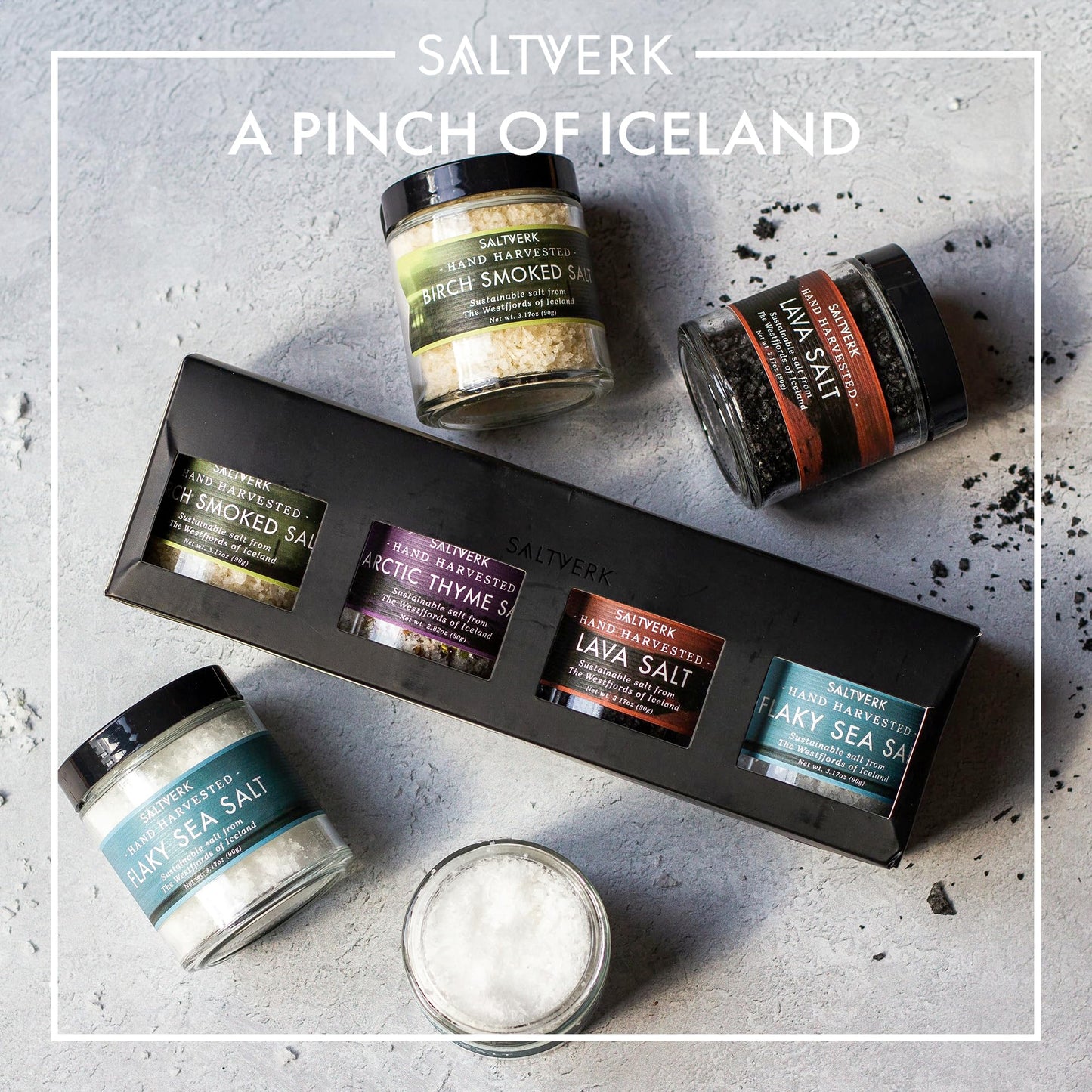 Saltverk Salt Gift Set - Includes 4 Jars - Flaky, Lava , Birch Smoked, Arctic Thyme Sea Salts- Gourmet, Icelandic, Hand Harvested and Sustainably Made - 12.33 Oz Total
